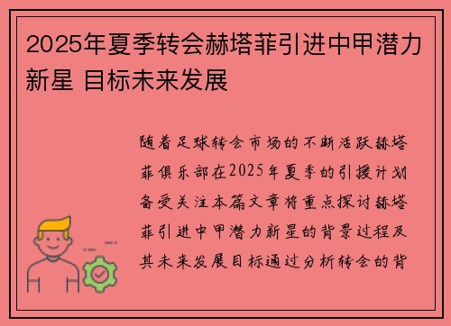 2025年夏季转会赫塔菲引进中甲潜力新星 目标未来发展